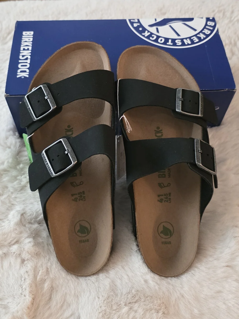 Birkenstock Men 8 Ladies 10  Black Two-Strap Vegan Leather Sandals